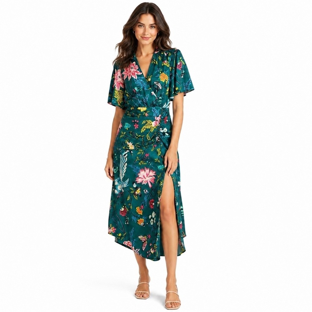 Anthropologie Maeve Green Floral Bird Lyrebird Button Midi Shirt Dress 8